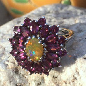 Genuine Opal & Garnet Halo Ring .925 Sterling Silver Natural Gemstones Sz 5 or 7